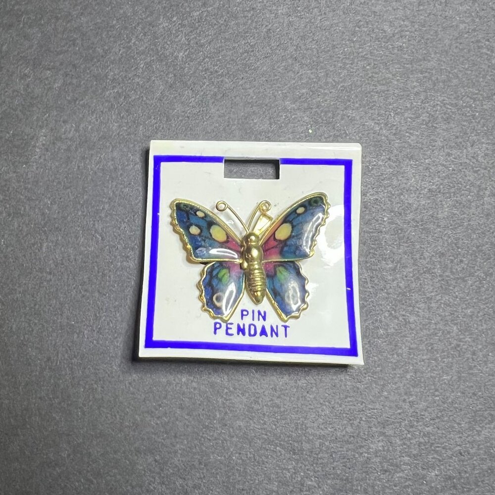 Vintage Whimsical Blue Multicolor Enamel Butterfly Brooch Pin Pendant 1 x 1.25"